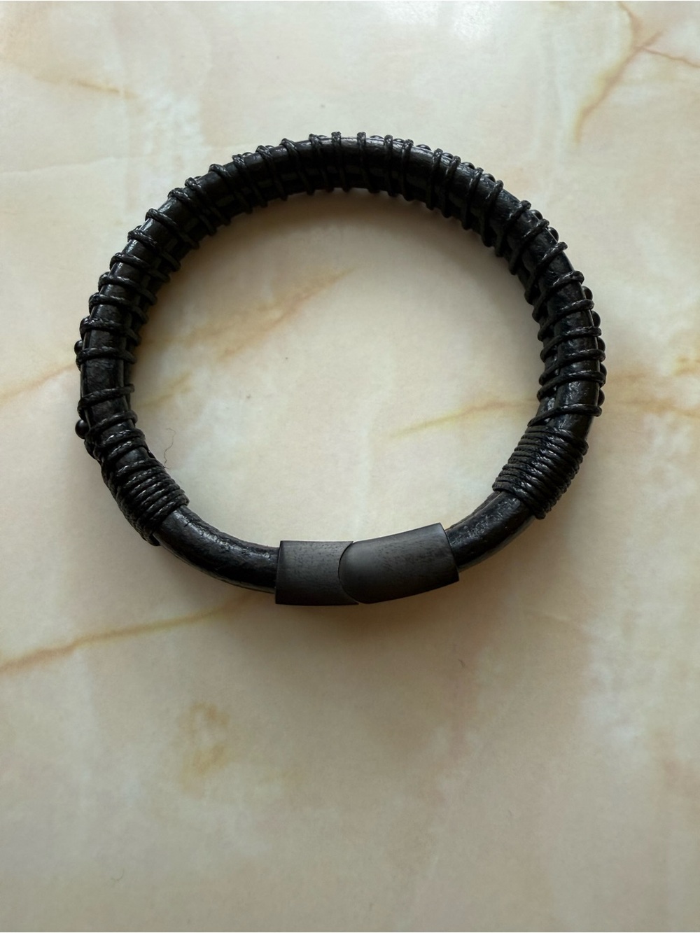 Black Men's Leather Wrapped Bracelet - Magnetic Clasp